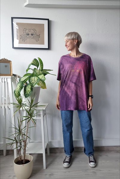 Hand Dyed Purple Organic Cotton Unisex T shirt with Handprinted Bronze and Magenta Pink Print "Heroine" Lāčplēsene and Flower