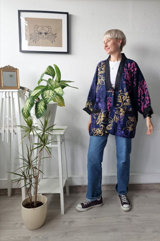 One of a Kind Oversized Doublesided Hanten Jacket in Hand Printed pattern on Dark Blue Leopard fabric and Black Linen Blend Fabric