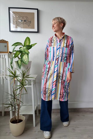 Handprinted Original Pattern Colorful Cotton Versetile Button Up Shirt Dress - All Seasons, All Occasions