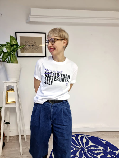 White Organic Cotton Unisex T-shirt with Handprinted Black and Purple More Myeself Than Yesterdays Self Statement