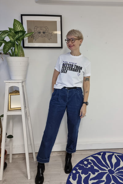 White Organic Cotton Unisex T-shirt with Handprinted Black and Purple More Myeself Than Yesterdays Self Statement