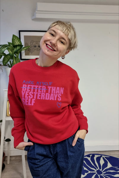 Bright Red Oversized Organic Cotton Sweater with Special, Original and Handprinted Statement - More Myself