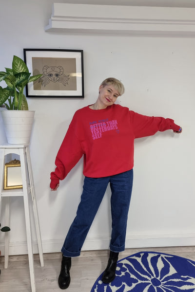 Bright Red Oversized Organic Cotton Sweater with Special, Original and Handprinted Statement - More Myself